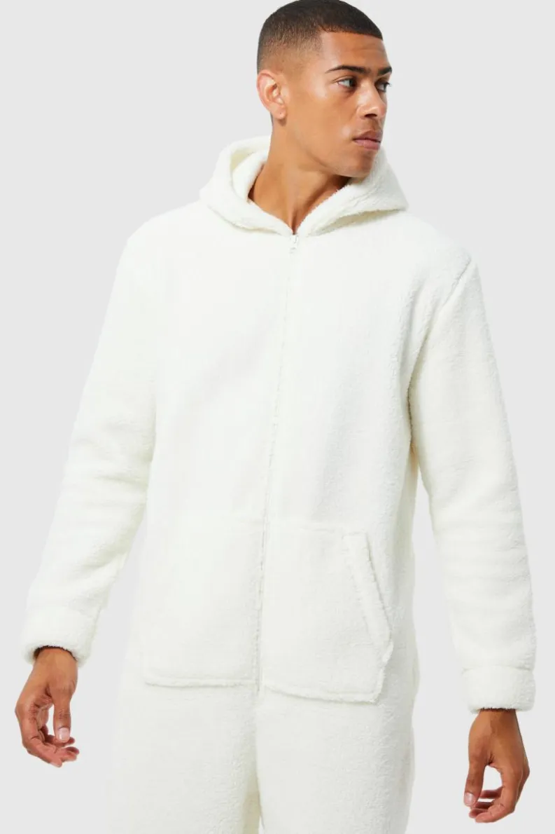 Cheap boohooMAN Borg Onesie ecru