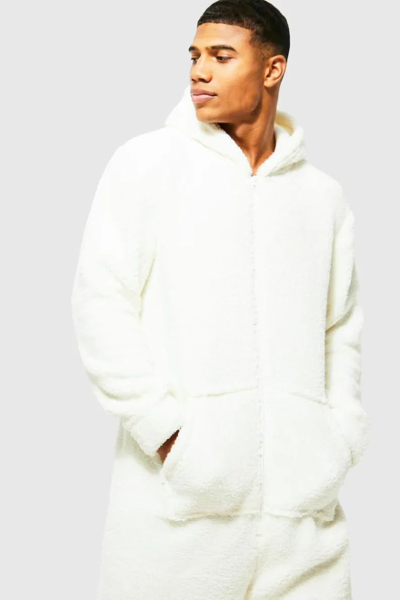 Cheap boohooMAN Borg Onesie ecru