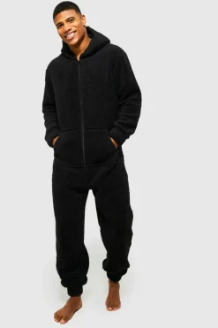 Flash Sale boohooMAN Borg Onesie black
