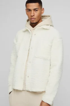 Discount boohooMAN Borg Overshirt in ecru