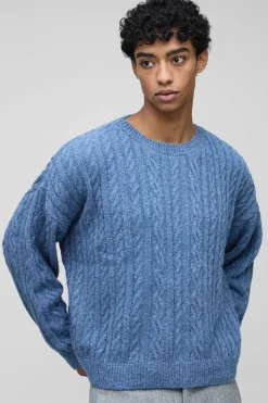 Clearance boohooMAN Boucle Cable Knit Boxy Jumper slate blue