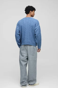 Clearance boohooMAN Boucle Cable Knit Boxy Jumper slate blue