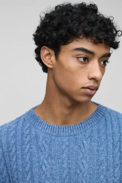 Clearance boohooMAN Boucle Cable Knit Boxy Jumper slate blue