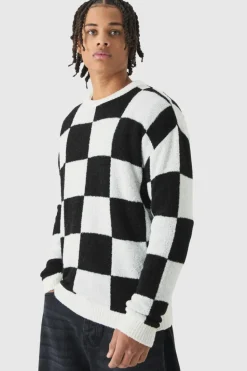 Sale boohooMAN Boucle Knit Checkered Crew Neck Jumper black