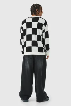 Sale boohooMAN Boucle Knit Checkered Crew Neck Jumper black