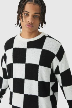 Sale boohooMAN Boucle Knit Checkered Crew Neck Jumper black