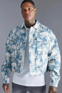 Clearance boohooMAN Boxy Abstract Jacquard Harrington Jacket blue