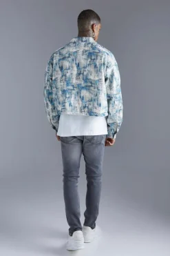 Clearance boohooMAN Boxy Abstract Jacquard Harrington Jacket blue