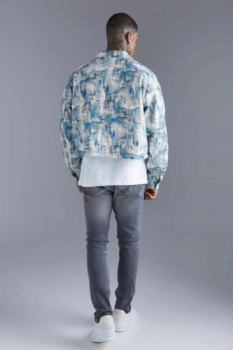 Clearance boohooMAN Boxy Abstract Jacquard Harrington Jacket blue