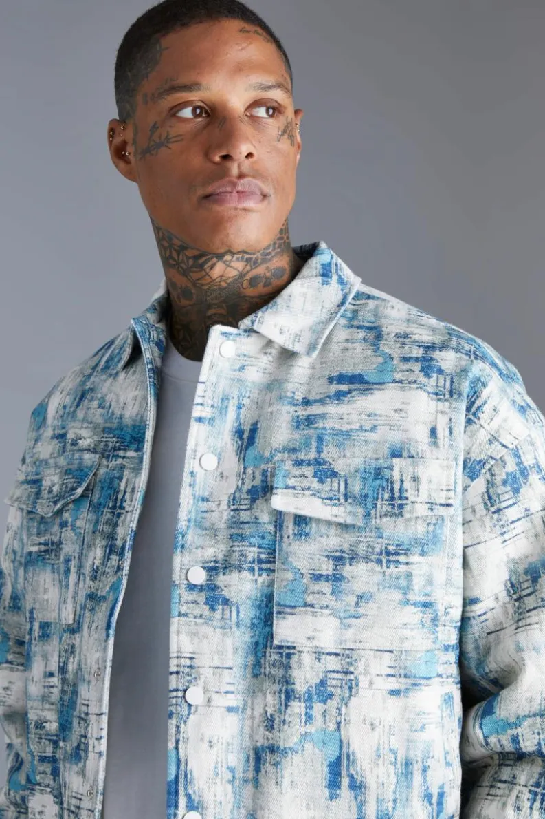 Clearance boohooMAN Boxy Abstract Jacquard Harrington Jacket blue
