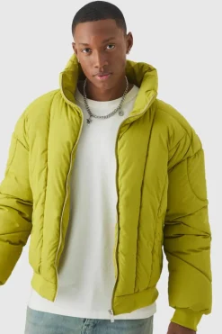 Clearance boohooMAN Boxy Abstract Quilted Funnel Neck Puffer In lime