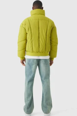 Clearance boohooMAN Boxy Abstract Quilted Funnel Neck Puffer In lime