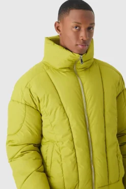 Clearance boohooMAN Boxy Abstract Quilted Funnel Neck Puffer In lime