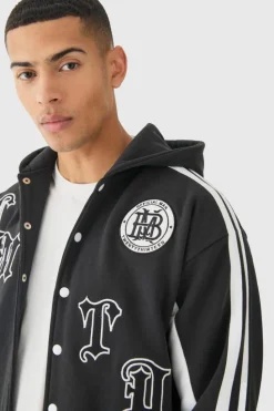 Cheap boohooMAN Boxy Applique Tape Detail Jersey Varsity Jacket black