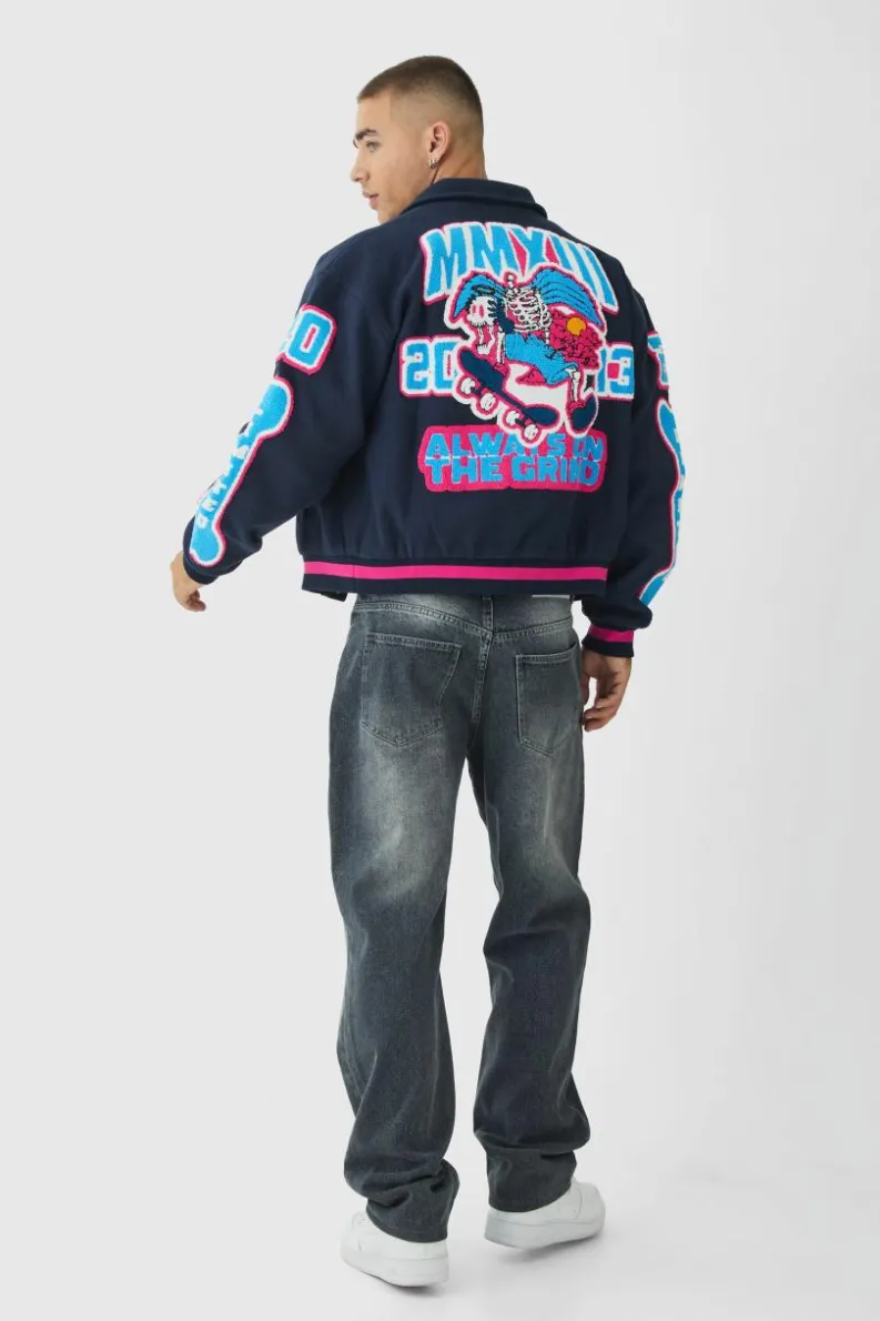 Cheap boohooMAN Boxy Badge Collared Varsity Jacket In navy
