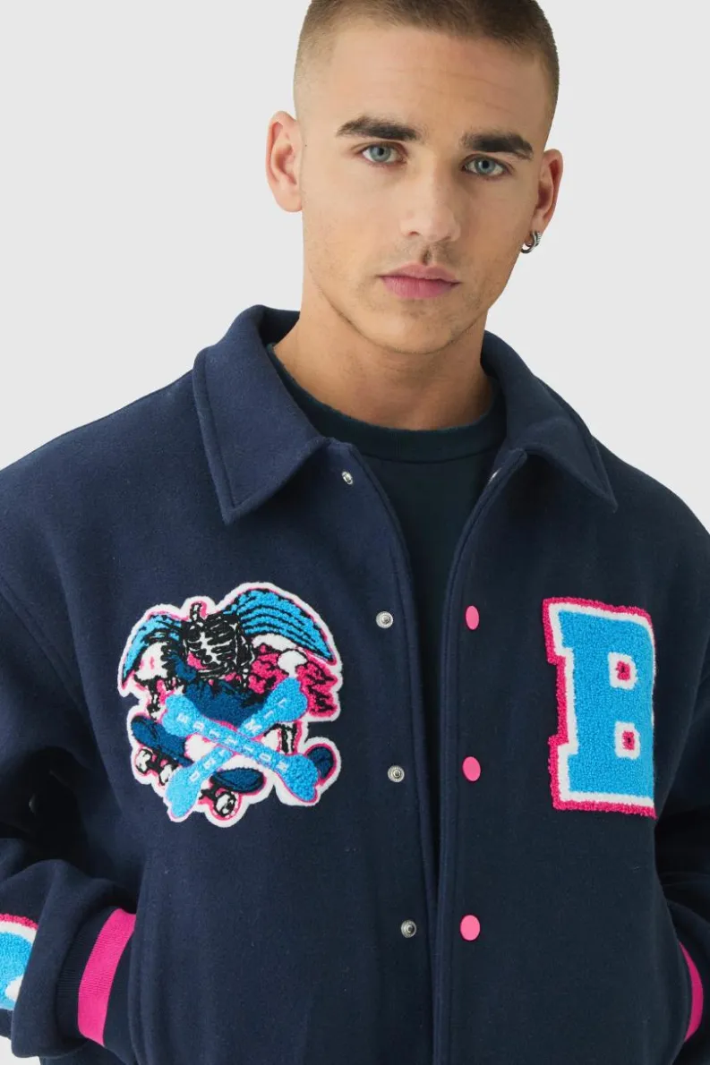 Cheap boohooMAN Boxy Badge Collared Varsity Jacket In navy