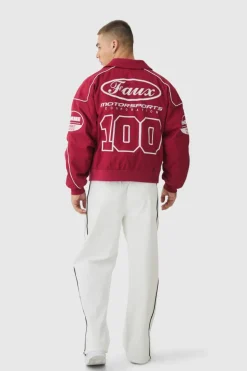 Outlet boohooMAN Boxy Badge Twill Moto Jacket In burgundy