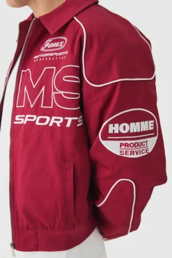 Outlet boohooMAN Boxy Badge Twill Moto Jacket In burgundy