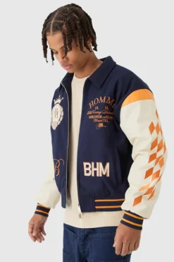 Online boohooMAN Boxy BHM Badge Varsity Bomber Jacket navy