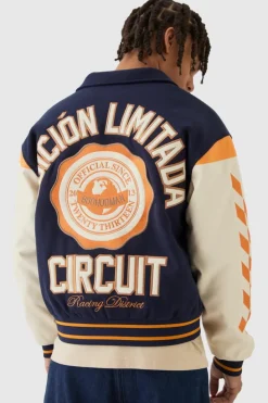 Online boohooMAN Boxy BHM Badge Varsity Bomber Jacket navy