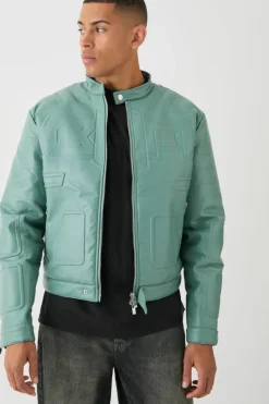 Best Sale boohooMAN Boxy BHM Tonal Pu Moto Jacket In sage