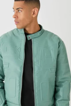 Best Sale boohooMAN Boxy BHM Tonal Pu Moto Jacket In sage