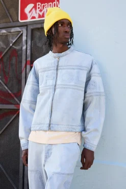 Flash Sale boohooMAN Boxy Biker Moto Embossed Denim Jacket light blue