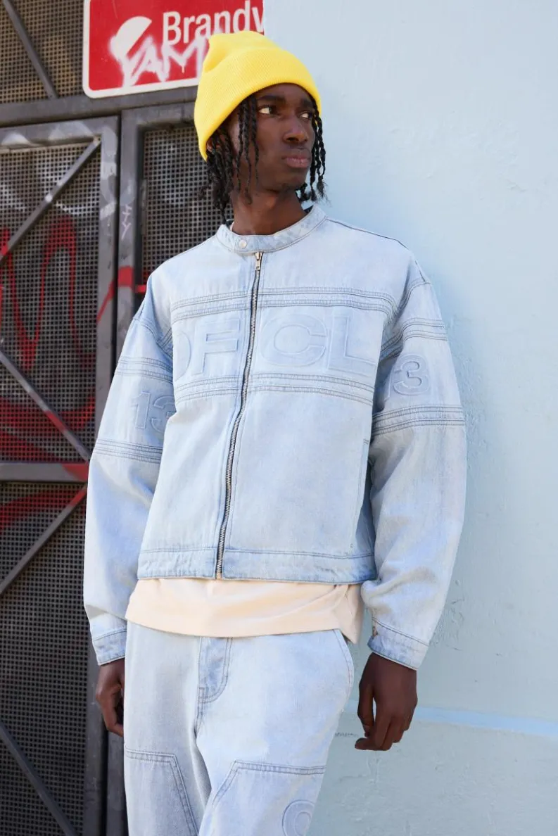 Flash Sale boohooMAN Boxy Biker Moto Embossed Denim Jacket light blue
