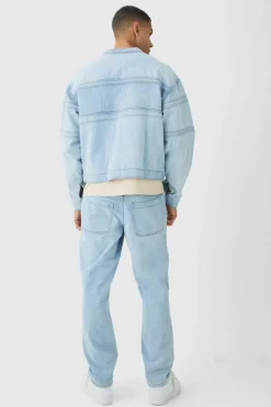 Flash Sale boohooMAN Boxy Biker Moto Embossed Denim Jacket light blue