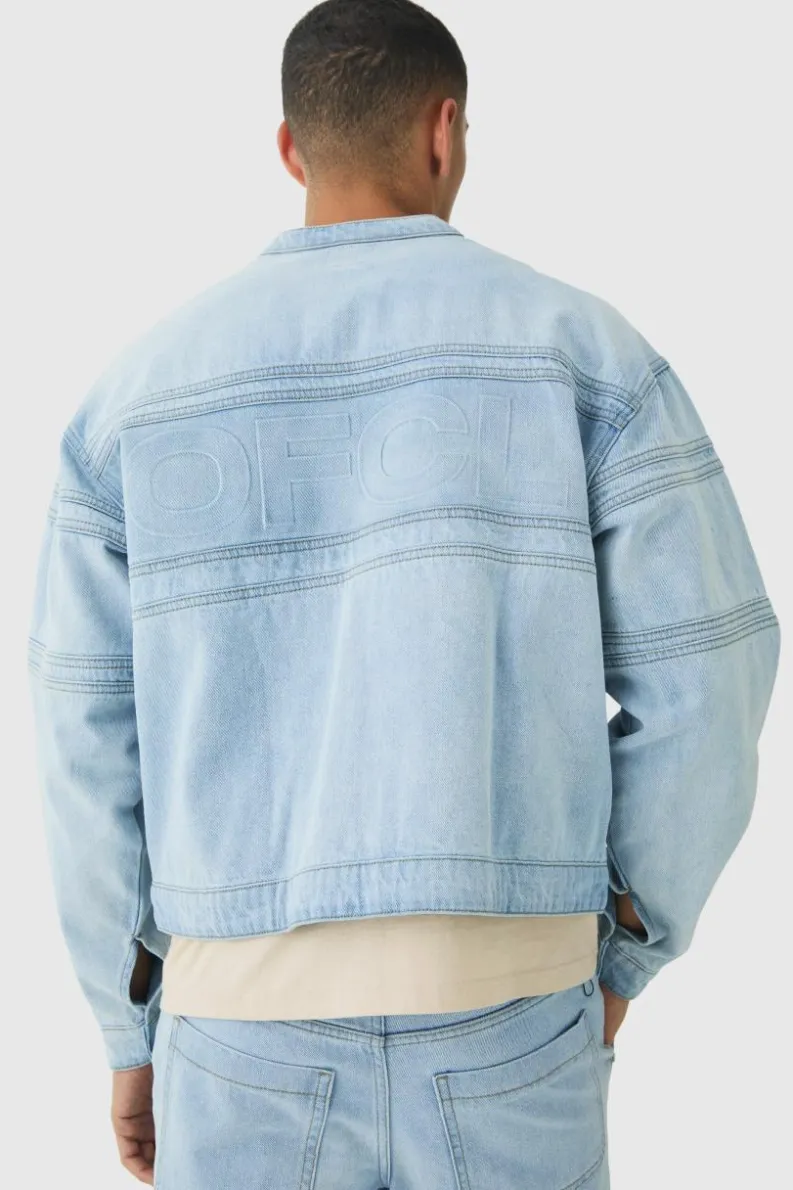Flash Sale boohooMAN Boxy Biker Moto Embossed Denim Jacket light blue