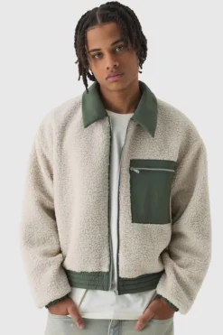 Shop boohooMAN Boxy Borg And Nylon Collared Bomber Jacket In ecru