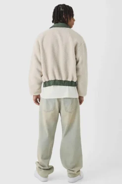 Shop boohooMAN Boxy Borg And Nylon Collared Bomber Jacket In ecru