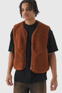 Online boohooMAN Boxy Borg Pocket Detail Gilet In tan