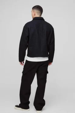 Online boohooMAN Boxy Boucle Borg Trucker Jacket black
