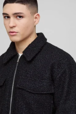 Online boohooMAN Boxy Boucle Borg Trucker Jacket black
