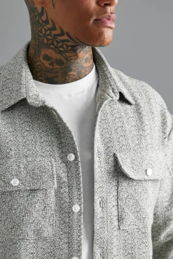 Online boohooMAN Boxy Boucle Heavyweight Overshirt khaki