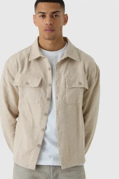 Store boohooMAN Boxy Boucle Heavyweight Overshirt light beige