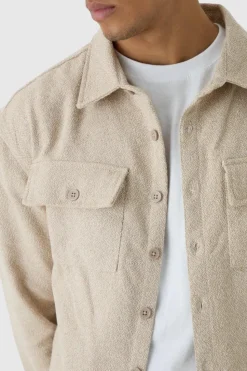 Store boohooMAN Boxy Boucle Heavyweight Overshirt light beige