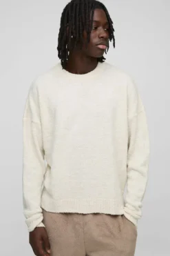 Hot boohooMAN Boxy Boucle Knit Extended Neck Jumper ecru