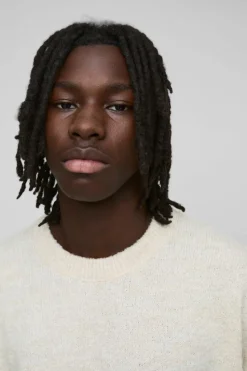 Hot boohooMAN Boxy Boucle Knit Extended Neck Jumper ecru