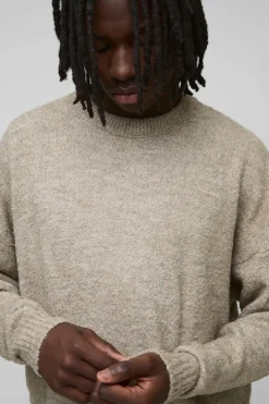 Clearance boohooMAN Boxy Boucle Knit Extended Neck Jumper stone