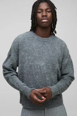 Clearance boohooMAN Boxy Boucle Knit Extended Neck Jumper charcoal