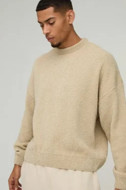 Hot boohooMAN Boxy Boucle Knitted Sweatshirt ecru
