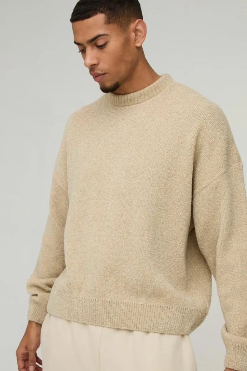 Hot boohooMAN Boxy Boucle Knitted Sweatshirt ecru