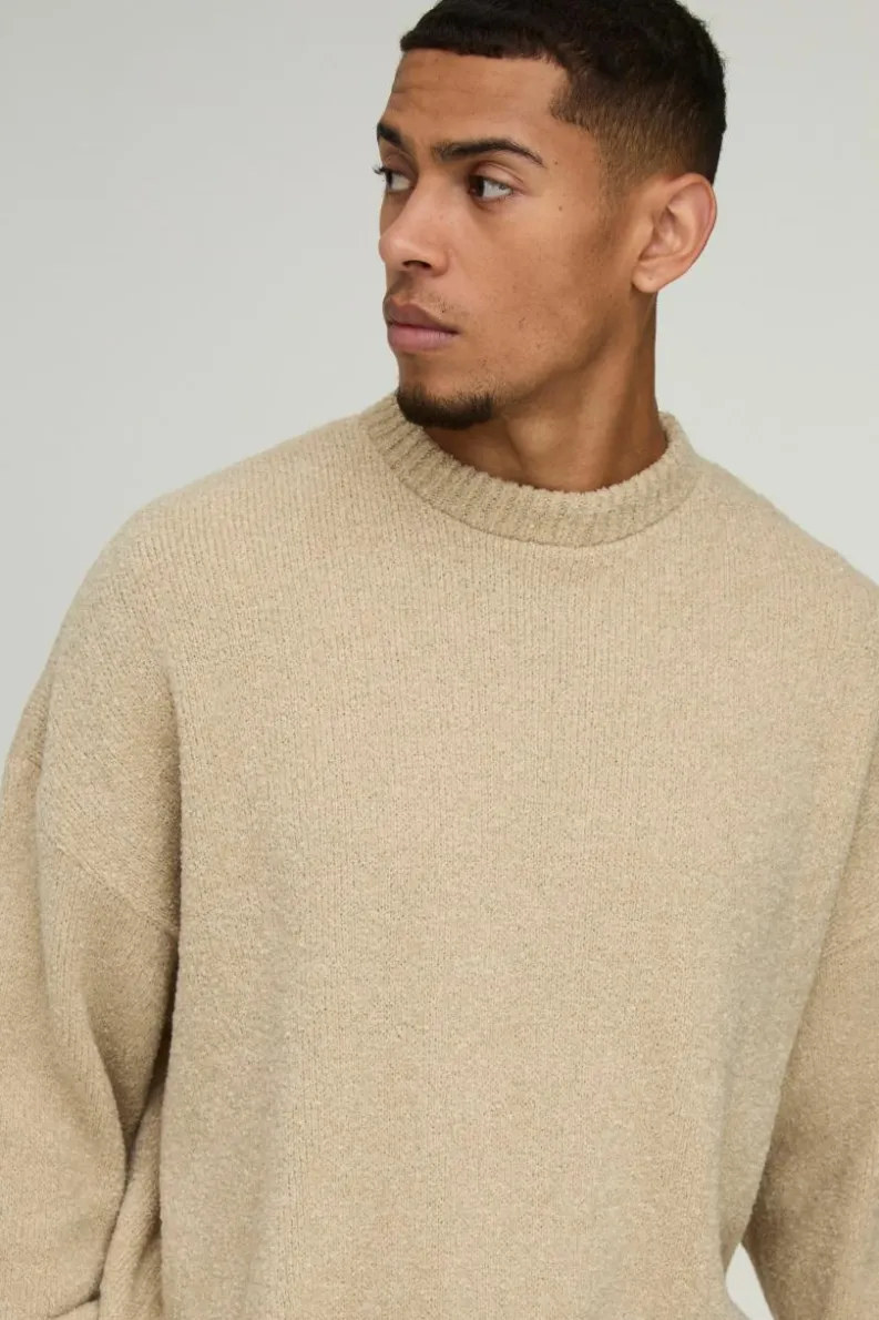 Hot boohooMAN Boxy Boucle Knitted Sweatshirt ecru