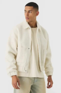 Hot boohooMAN Boxy Brushed Boucle Harrington Jacket In ecru