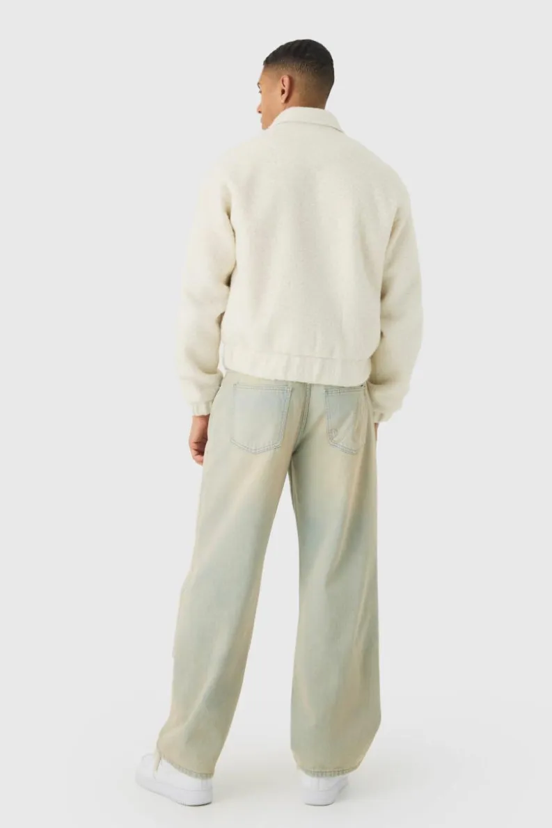Hot boohooMAN Boxy Brushed Boucle Harrington Jacket In ecru
