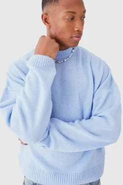 New boohooMAN Boxy Brushed Extended Neck Knitted Jumper pale blue