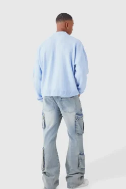 New boohooMAN Boxy Brushed Extended Neck Knitted Jumper pale blue