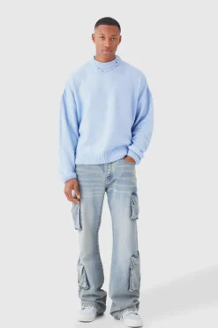 New boohooMAN Boxy Brushed Extended Neck Knitted Jumper pale blue